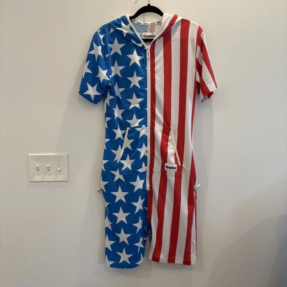 Tipsy Elves MEN'S Sz M USA Hooded Fleece Patriotic American Flag Jumpsuit
